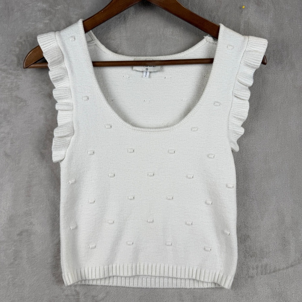 Fable Womens White Textured Dot Knit Tank Top Ruffle Sleeve Scoop Neck Medium